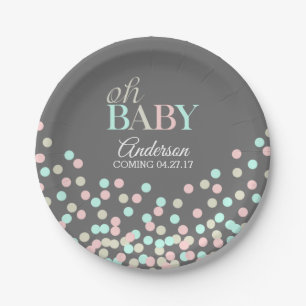 Oh Baby Confetti Gender Reveal Party Pink Blue Paper Plate