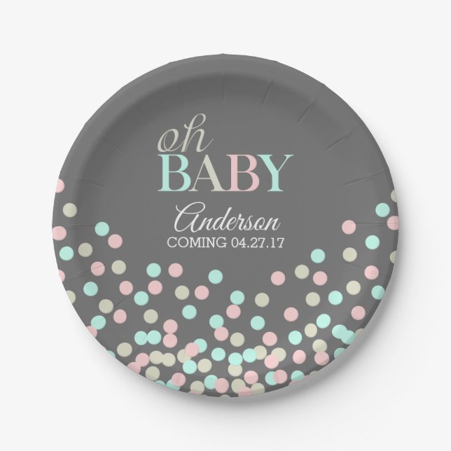 Oh Baby Confetti Gender Reveal Party | Pink Blue Paper Plate (Front)