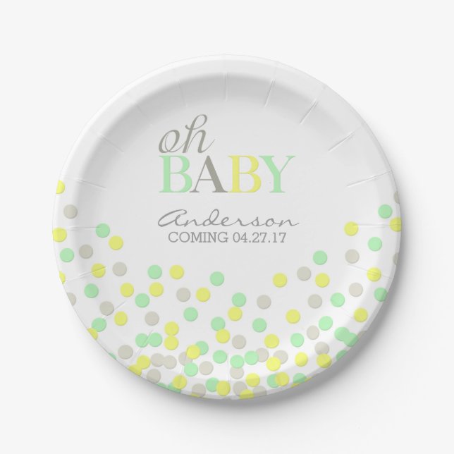 Oh Baby Confetti Gender Reveal Party | Yellow Aqua Paper Plate (Front)