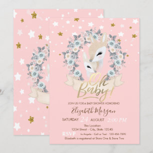 Oh Baby Cute Baby Deer  Gold Stars Baby Shower Invitation