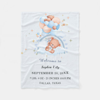 Oh Baby Cute Bear Birth Announcement Fleece Blanket