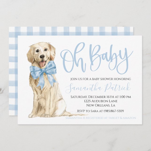 Oh Baby! Cute Dog Blue Boy Shower Invitation (Front/Back)