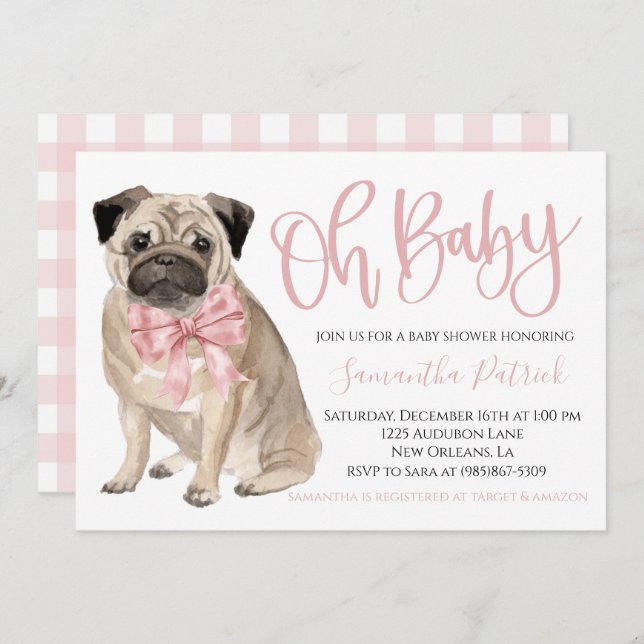 Oh Baby! Cute Dog Pink Puppy Dog Shower Invitation (Front/Back)