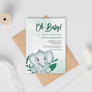 Oh Baby Cute Elephant Green Baby Shower Invitation