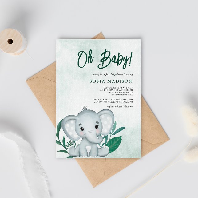 Oh Baby Cute Elephant Green Baby Shower Invitation (Creator Uploaded)