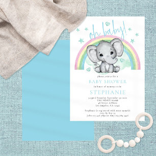 Oh Baby Cute Elephant Rainbow Blue Baby Shower Invitation
