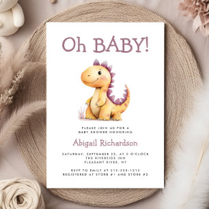 Oh Baby Cute Orange Purple Dinosaur Baby Shower Invitation