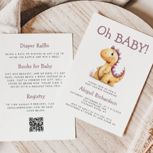Oh Baby Cute Orange Purple Dinosaur QR Baby Shower Invitation