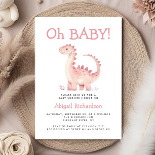 Oh Baby Cute Pink Dinosaur Girls Baby Shower Invitation