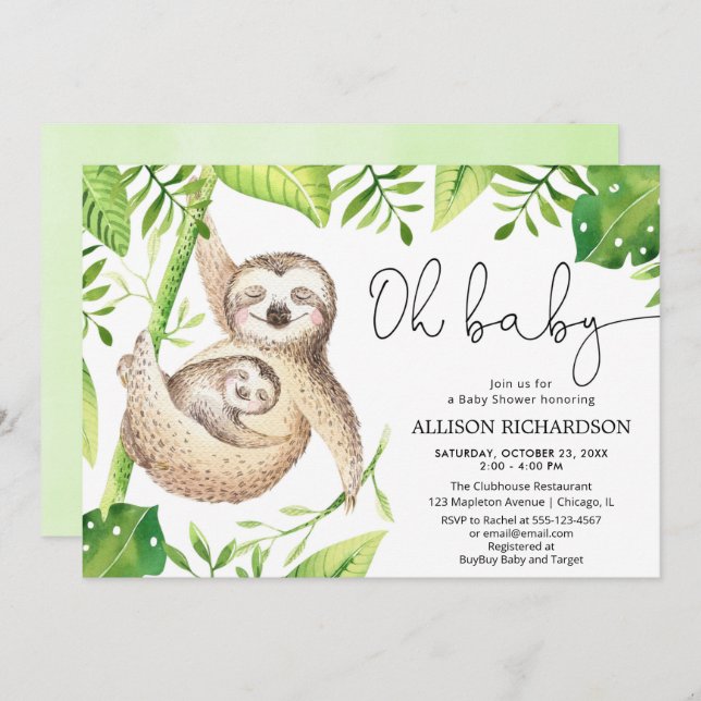 Oh Baby cute sloth tropical greenery baby shower Invitation (Front/Back)