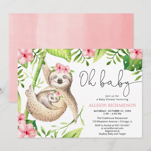 Oh Baby cute sloth tropical pink girl baby shower Invitation (Front/Back)