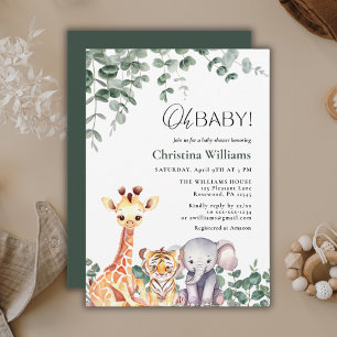 Oh Baby Cute Watercolor Safari Animals Baby Shower Invitation