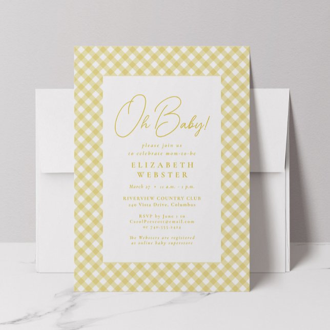 Oh baby cute yellow gingham neutral baby shower invitation (Creator Uploaded)