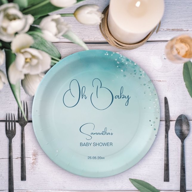 Oh baby cyan aqua blue baby shower template paper plate (Oh baby cyan aqua blue abstract watercolor simple modern baby shower template paper plates printed)