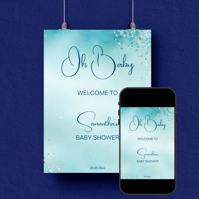 Oh baby cyan aqua blue baby shower welcome poster (Oh baby cyan aqua blue baby shower welcome sign poster editable template digital download simple )