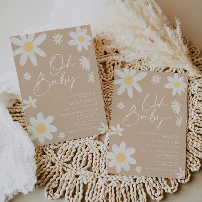 Oh Baby Daisy Beige Baby Shower Invitation  (Creator Uploaded)