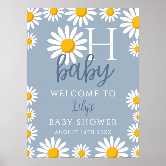 Oh Baby Daisy Blue Baby Shower Welcome Sign (Front)