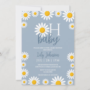 Oh Baby Daisy Dusty Blue Baby Shower Invitation
