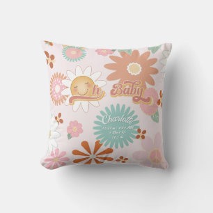 Oh Baby Daisy Flower Power Retro 60s 70s Pink Aqua Cushion