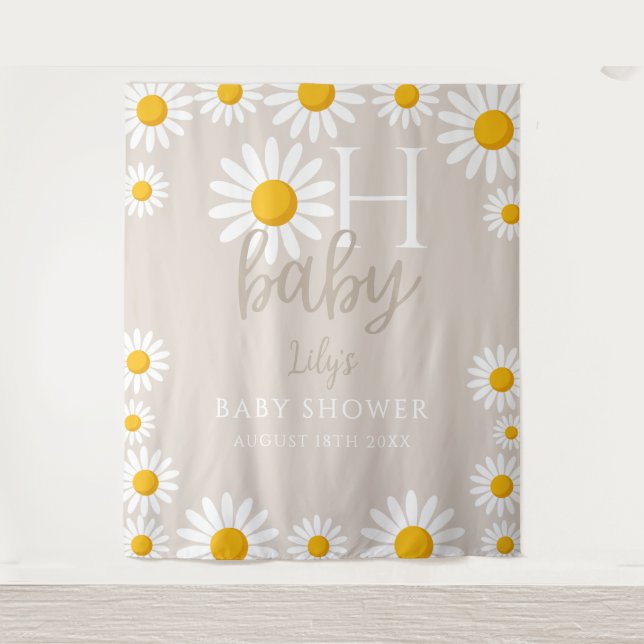Oh Baby Daisy Neutral Baby Shower Photo Backdrop Tapestry (Front)