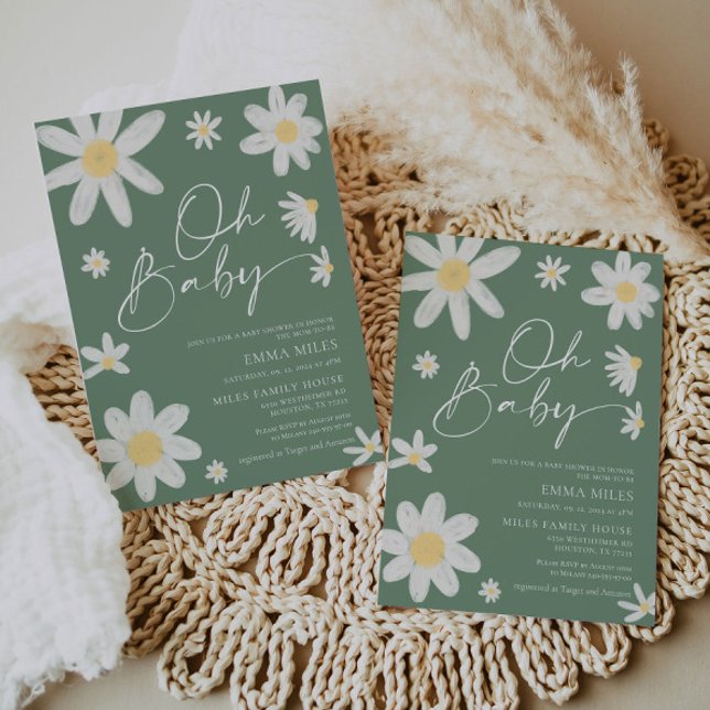Oh Baby Daisy Sage Green Baby Shower Invitation (Creator Uploaded)