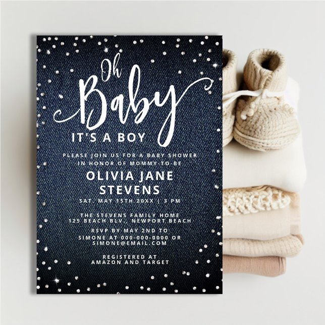 Oh Baby Denim Diamonds Classy Boy Baby Shower Invitation (Creator Uploaded)