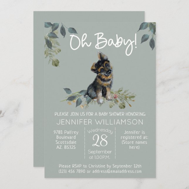 Oh Baby! Dog Baby Shower German Shepherd Sage Invitation (Front/Back)