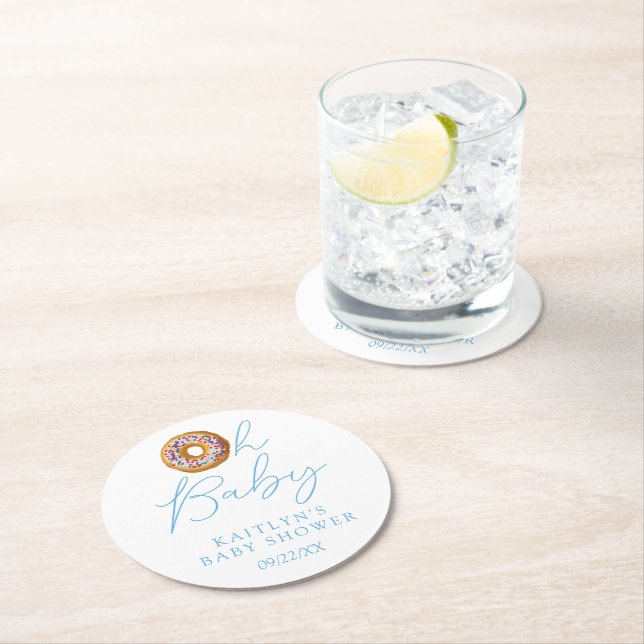 Oh Baby Doughnut Sprinkle Boys Baby Shower Round Paper Coaster (Insitu)