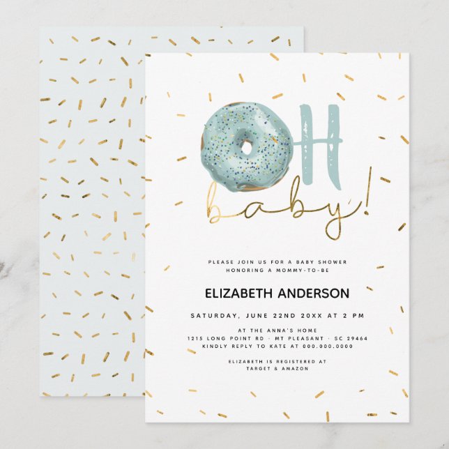 Oh Baby Doughnut & Sprinkles Gold Boy Baby Shower Invitation (Front/Back)