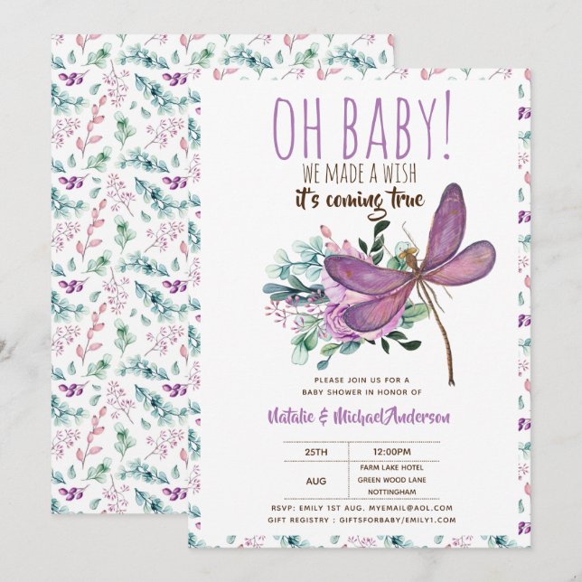 Oh Baby DRAGONFLY Make A Wish Baby Shower Floral Invitation (Front/Back)
