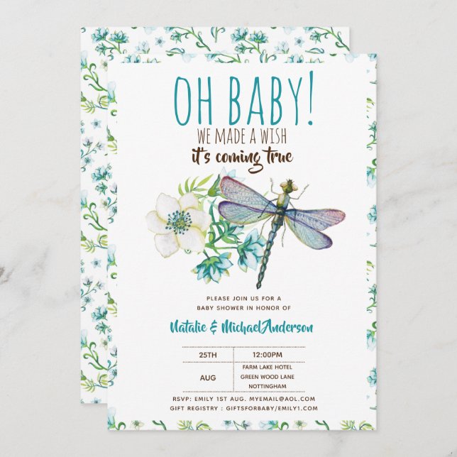 Oh Baby DRAGONFLY Make A Wish Baby Shower Floral Invitation (Front/Back)