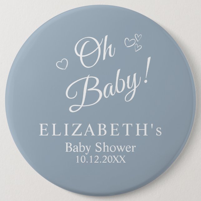 "Oh Baby" Dusty Blue Modern Minimalist Baby Shower 6 Cm Round Badge (Front)