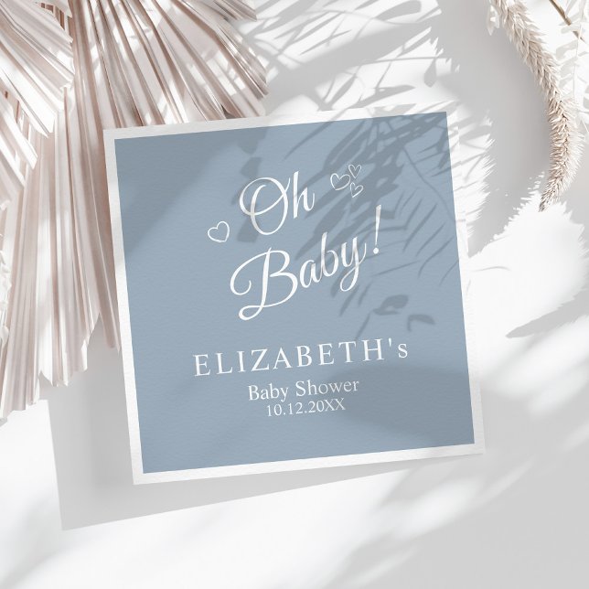 "Oh Baby" Dusty Blue Modern Minimalist Baby Shower Napkin ("Oh Baby" Dusty Blue Modern Minimalist Baby Shower Napkins on a sunny white boho table.)