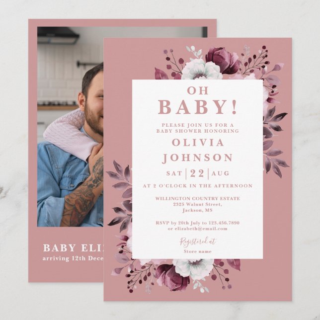 Oh Baby Dusty Rose Floral Photo QR Baby Shower Invitation (Front/Back)