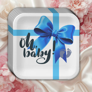 Oh Baby! Elegant Blue Bow Baby Shower Paper Plate
