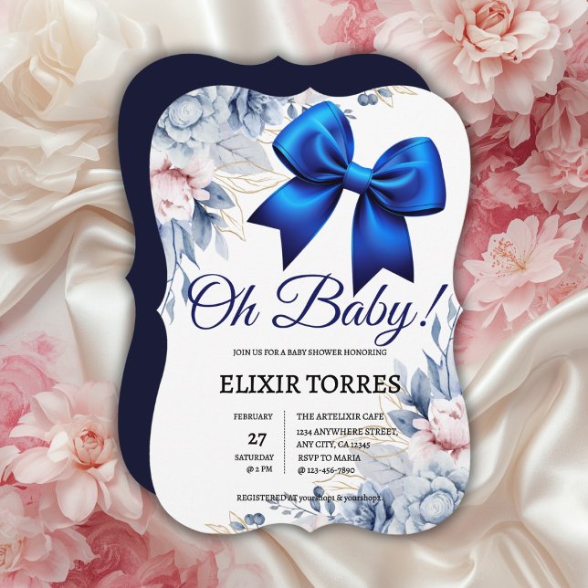 Oh Baby! Elegant Floral Blue Bow Baby Shower Invitation (Creator Uploaded)