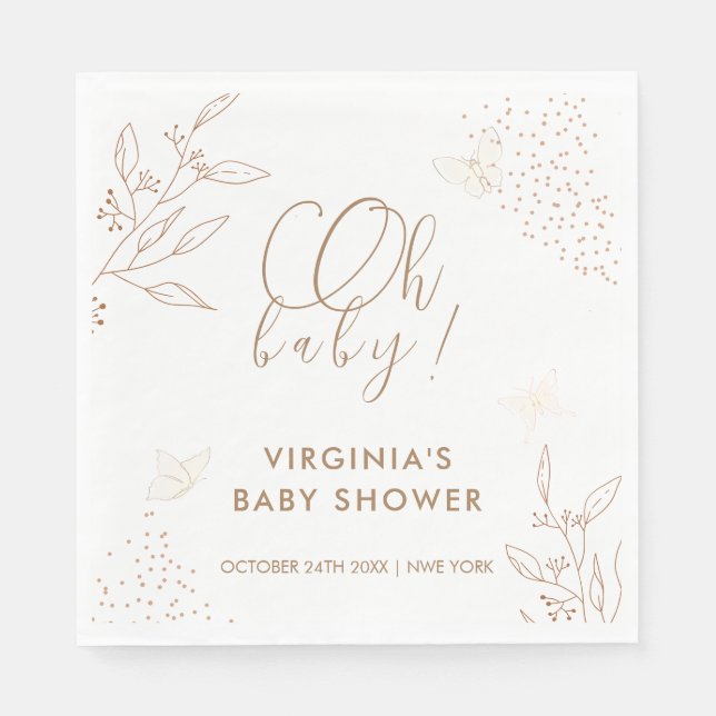Oh Baby Elegant Gold Leaves Butterfly Baby Shower Napkin (Front)