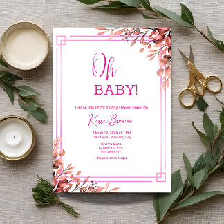 Oh baby Elegant Greenery and Pink Baby Shower Invitation