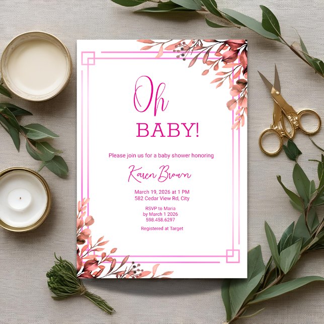 Oh baby Elegant Greenery and Pink Baby Shower  Invitation (Creator Uploaded)