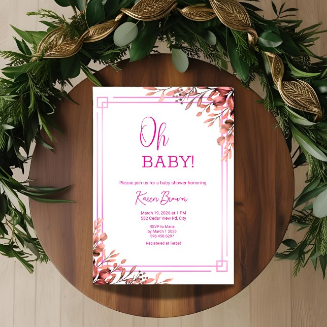 Oh baby Elegant Greenery and Pink Baby Shower  Invitation (Creator Uploaded)