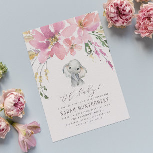 Oh Baby Elegant Pink Floral Elephant Baby Shower Invitation Postcard