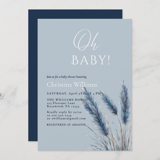 Oh Baby Elegant Script Blue Pampas Baby Shower Invitation (Front/Back)