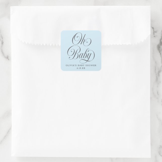 Oh Baby Elegant Script Lt. Blue Baby Shower Favor Square Sticker (Bag)