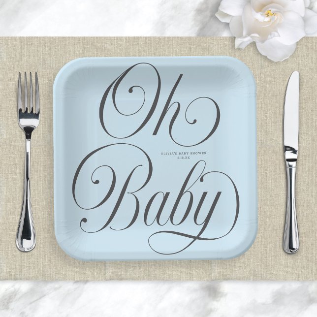 Oh Baby Elegant Script Lt. Blue Boy Baby Shower Paper Plate (Creator Uploaded)
