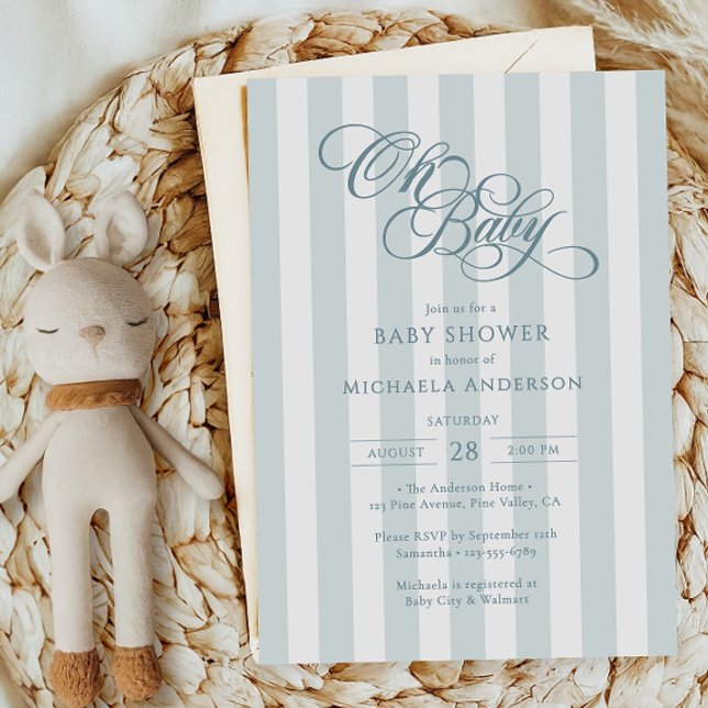 Oh Baby Elegant Script & Stripes Baby Shower Invitation (Creator Uploaded)