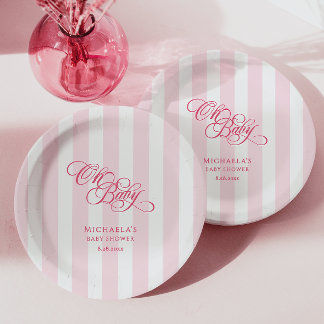 Oh Baby Elegant Script & Stripes Baby Shower Paper Plate