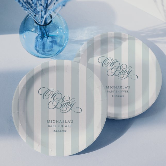 Oh Baby Elegant Script & Stripes Baby Shower Paper Plate (Creator Uploaded)