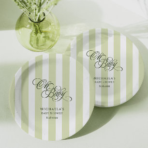 Oh Baby Elegant Script & Stripes Baby Shower Paper Plate