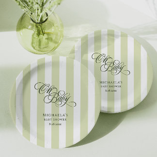 Oh Baby Elegant Script & Stripes Baby Shower Paper Plate