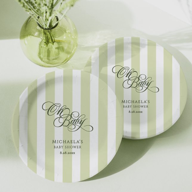 Oh Baby Elegant Script & Stripes Baby Shower Paper Plate (Creator Uploaded)
